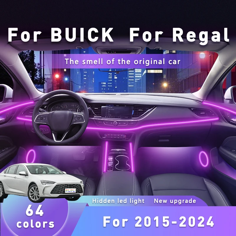 

FILIPLI для BUICK REGAL для 2015-2024 неоновый стиль, светодиодные ленты для салона автомобиля, яркие 64 RGB цветные атмосферные лампы, автоаксессуары