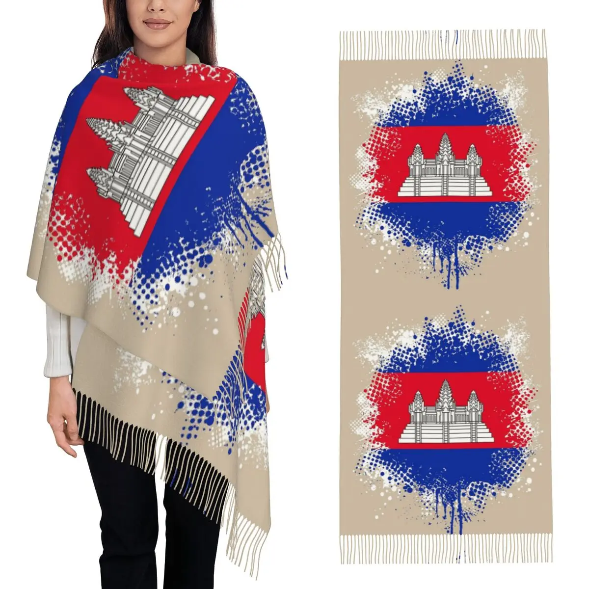 

The Cambodia Flag Scarf Tassel Scarves Women Soft Warm Shawls and Wraps Long Fall Winter Shawl Wrap