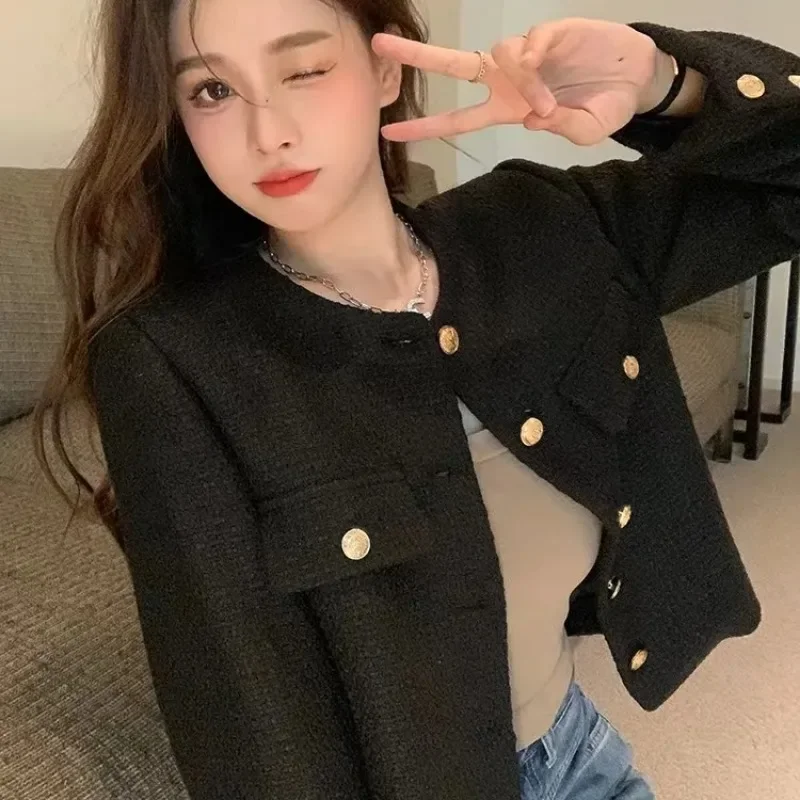 2022 Tweed donna nero Vintage Office Lady Blazer monopetto donna Casual Slim Blazer corto cappotti giacca di Tweed top neri