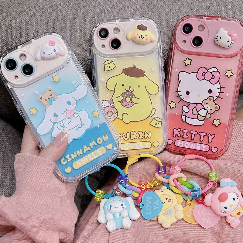 Cartoon Hello Kitty Cinnamoroll With Pendant Phone Cases For iPhone 15 14 13 12 11 Pro Max Mini XR XS MAX 8 X 7 Soft Back Cover