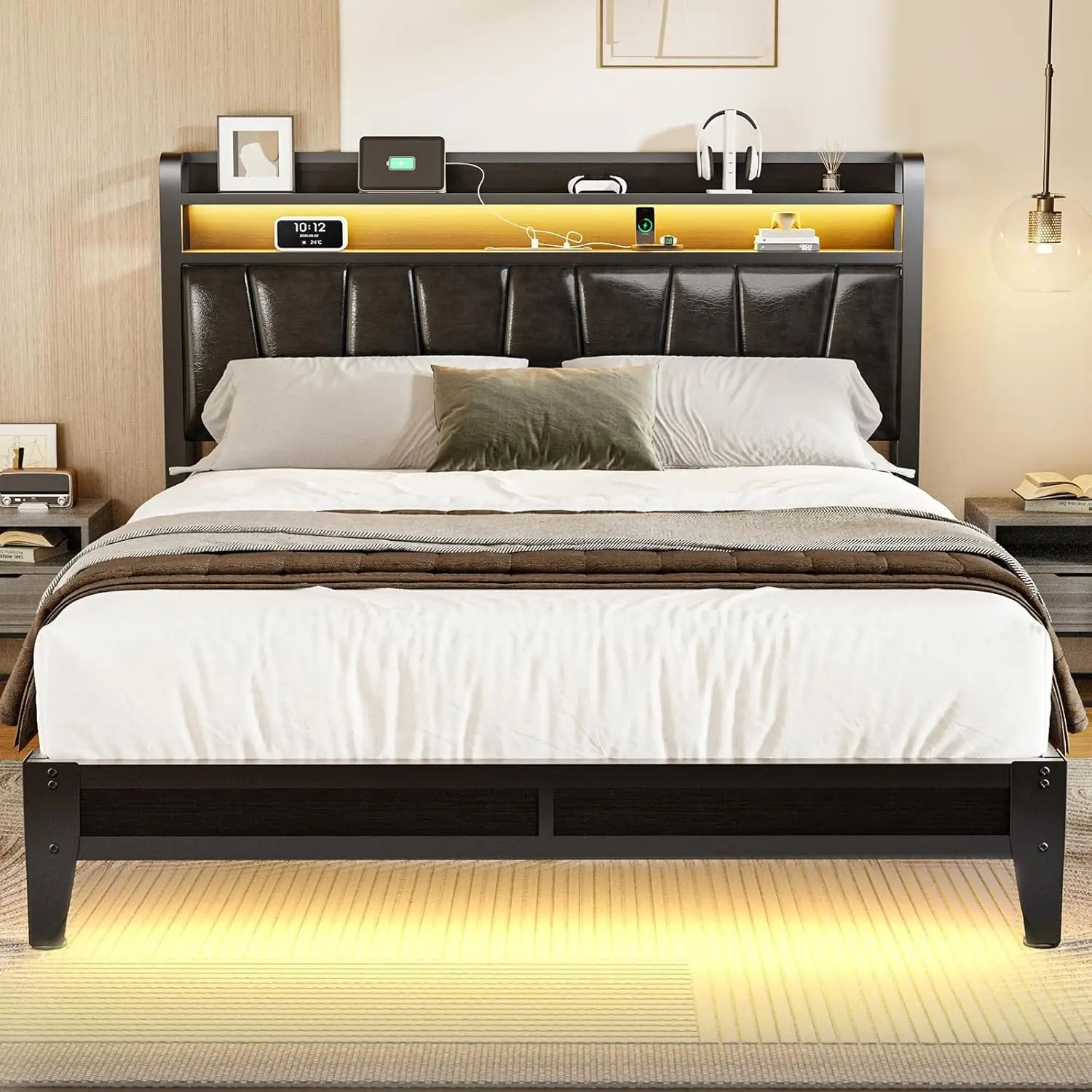

Full Size Bed Frame with 2-Tier Storage Shelves, LED Bed Frame with PU Leather Headboard, Metal Platform Bed with Char
