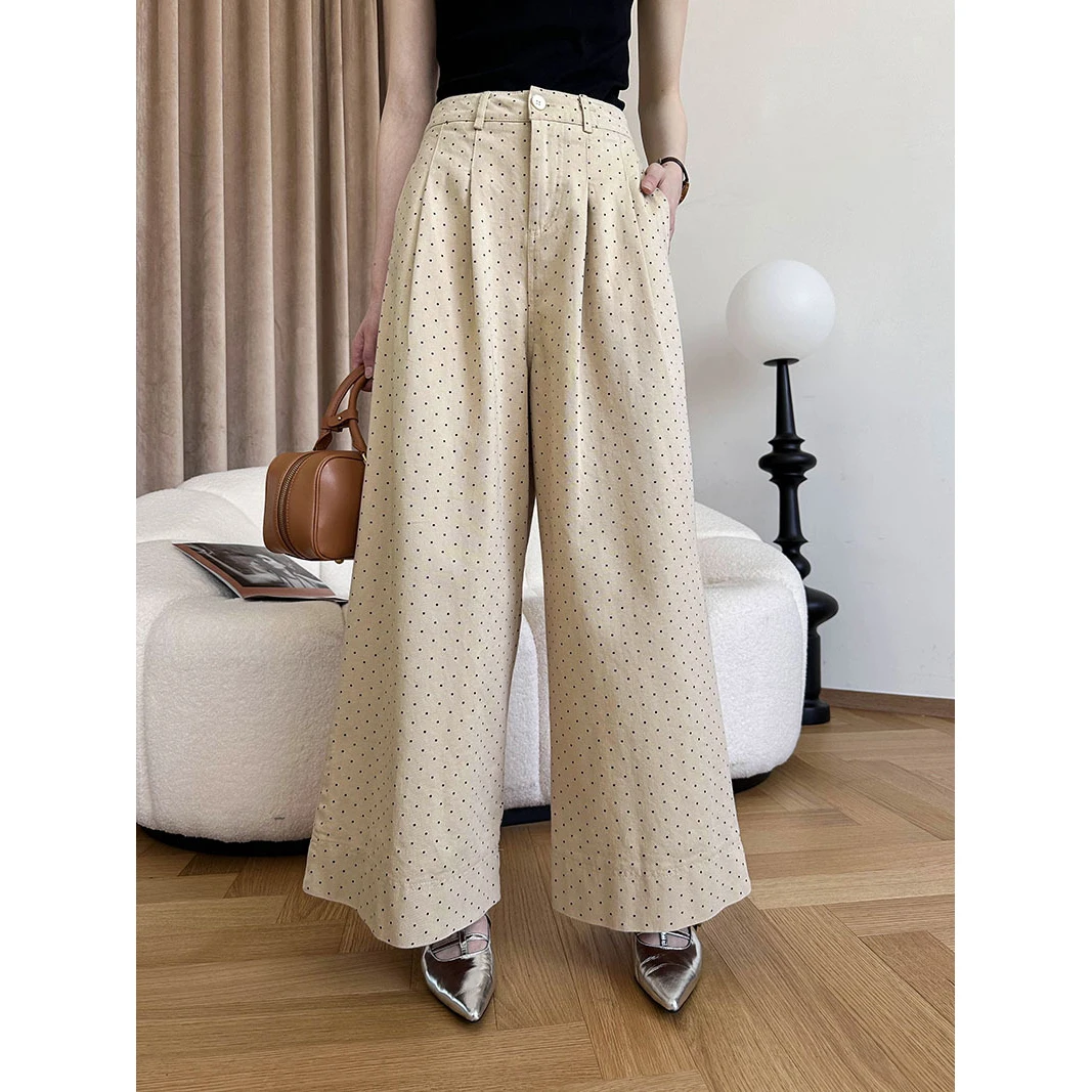 

2024 Women 100% Cotton Material Wide Leg Pants Dots Print High Waist Pants Women Trousers Good Quality Pants Streetwear Pantalon