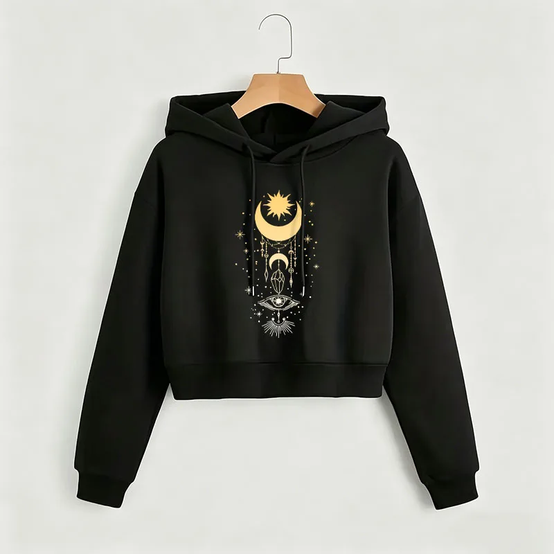 

Vintage Star with Moon Print Autumn Winter Cropped Sweatshirt Crop Top Hoodie Y2k Sweatshirts Gothic Casual Style Clothes