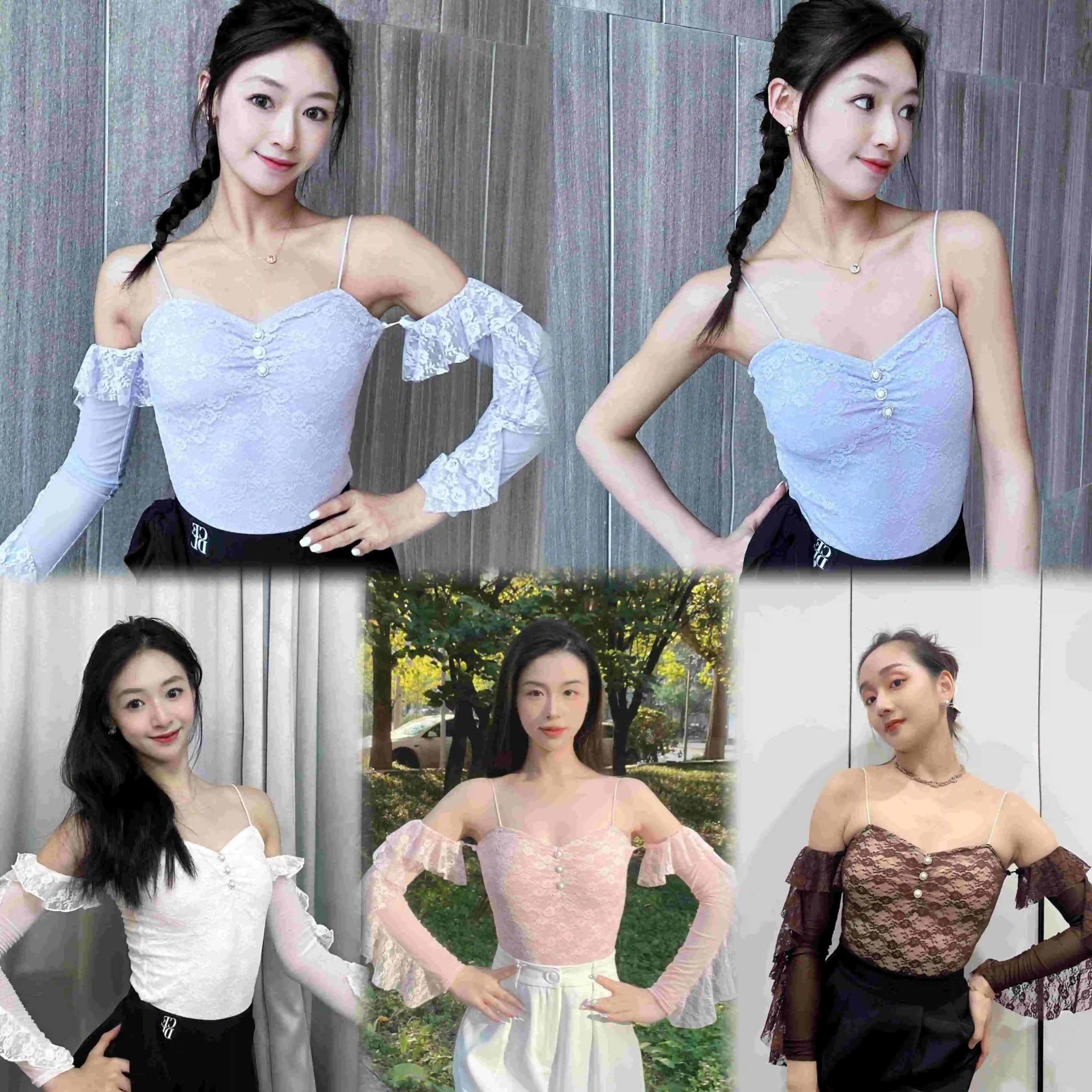 جديد المرأة اللاتينية الرقص القمم الدانتيل الكشكشة الأكمام قاعة الرقص ممارسة أداء الملابس الكبار نادي الرقص الملابس DNV25656 #1