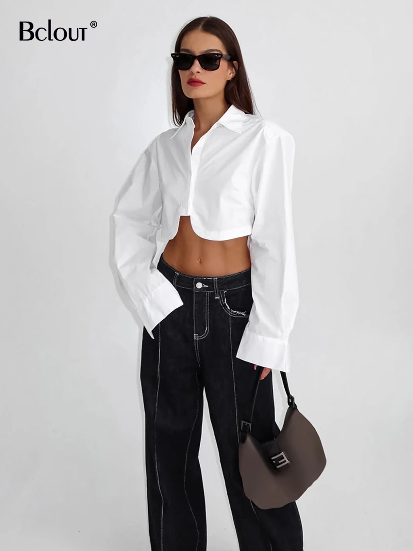 Bclout Fashion Cotton White Shirts Blouses Women 2024 Casual Solid Long Sleeve Sexy Crop Tops Streetwear Slim Party Blouses Chic