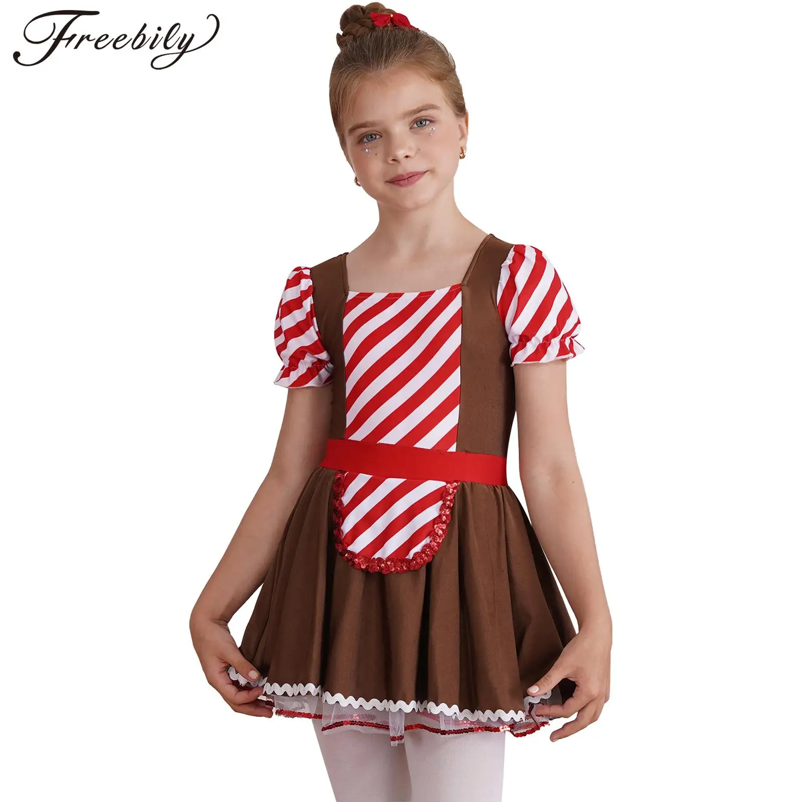 Kids Girls Christmas Gingerbread Man Cotumes Santa Outfits Figure Skating Ballet Dance Tutu Dress Gingerbread Cookie Dress Up