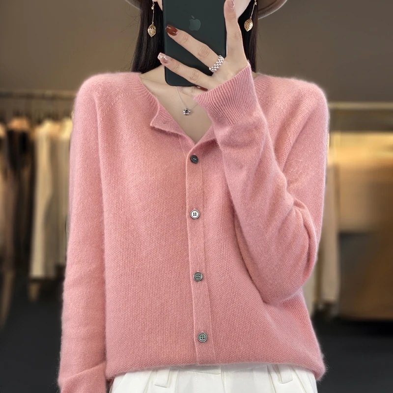 New fashion spring women\'s O-neck elegant cardigan sweater 100% Merino wool solid cashmere knitted women\'s clothing top