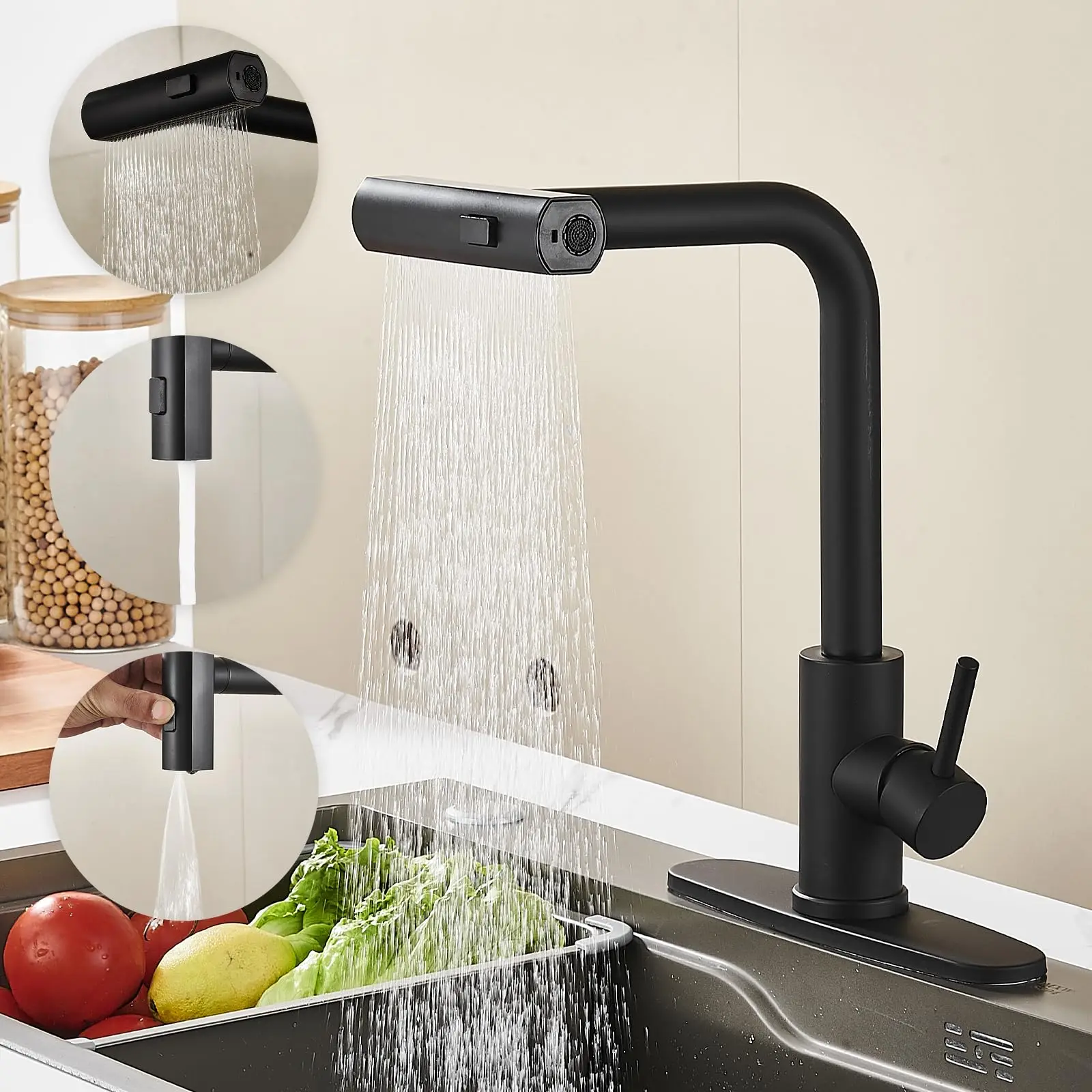 

Kitchen Faucet with Pull Down Sprayer Black Single Hole Stainless Steel Kitchen Sink Faucets Single Handle Faucets for Kitchen