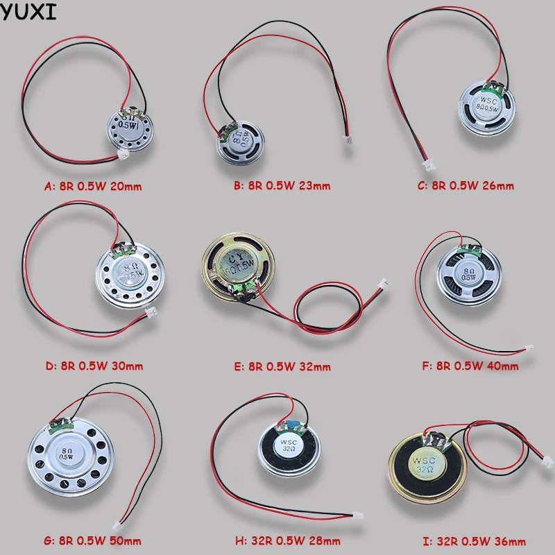 YUXI 10PC Speaker Ultra Thin Speaker For Diameter 20/23/26/28/30/32/36/40/50mm  8R/32R 0.5W with MX Cable+1.25mm Terminal