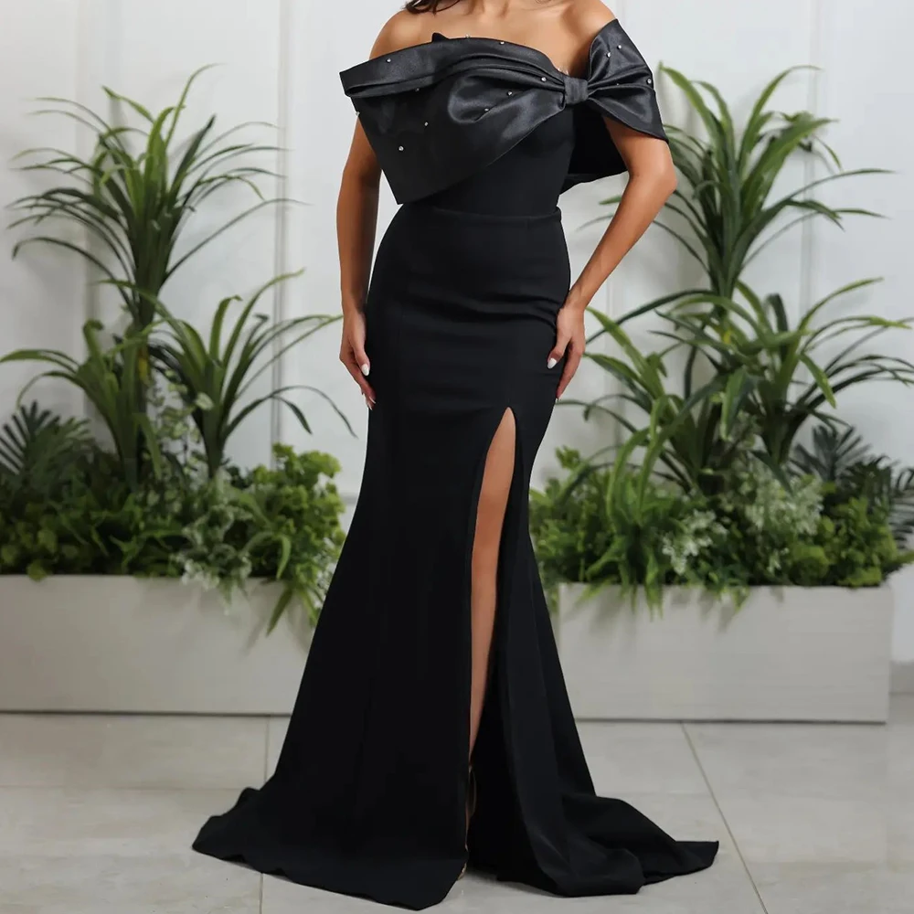 

Saudi Arabia Evening Gowns One Shoulder Jersey Straight Short Sleeves Pleats Sweep Train Solid Black Bow Crystal Party Gowns