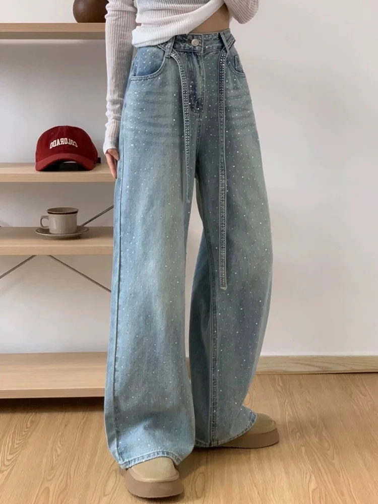 بالإضافة إلى حجم الأمريكية Sle حجر الراين الدنيم عالية الخصر مستقيم الساق واسعة الساق السراويل للنساء الكمثرى aped الخريف لباس غير رسمي