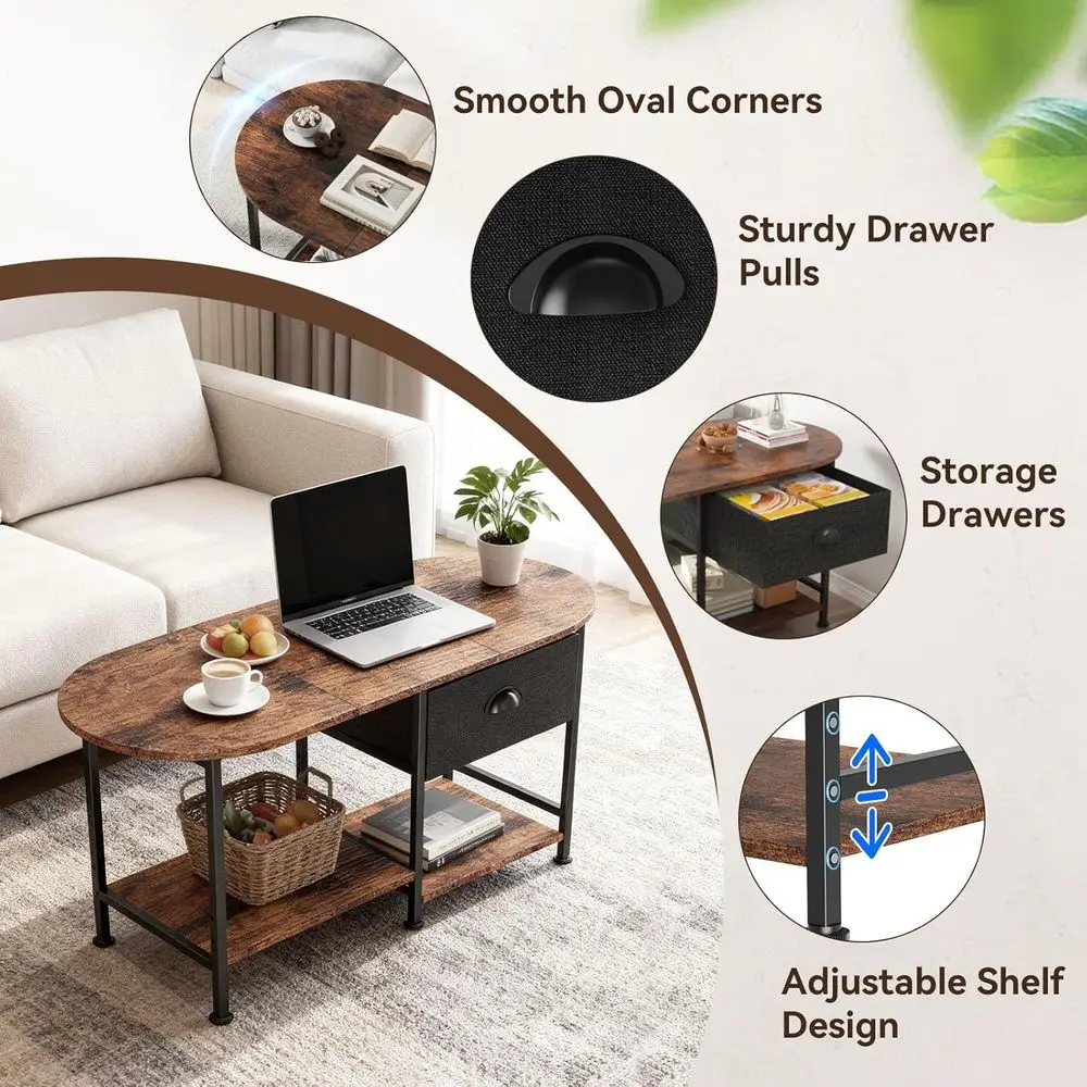 Rustic Brown 37 Oval Coffee Table with Storage for Small Spaces: Modern Wood Design with Drawers and Shelves
