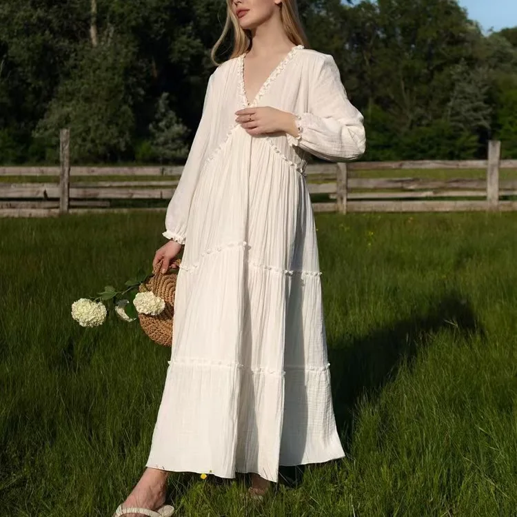 

Faionable Cotton Gauze V-ne Long Sve Dr with Wood ain Ruffle в белой длинной юбке с высокой талией для повседневного ношения