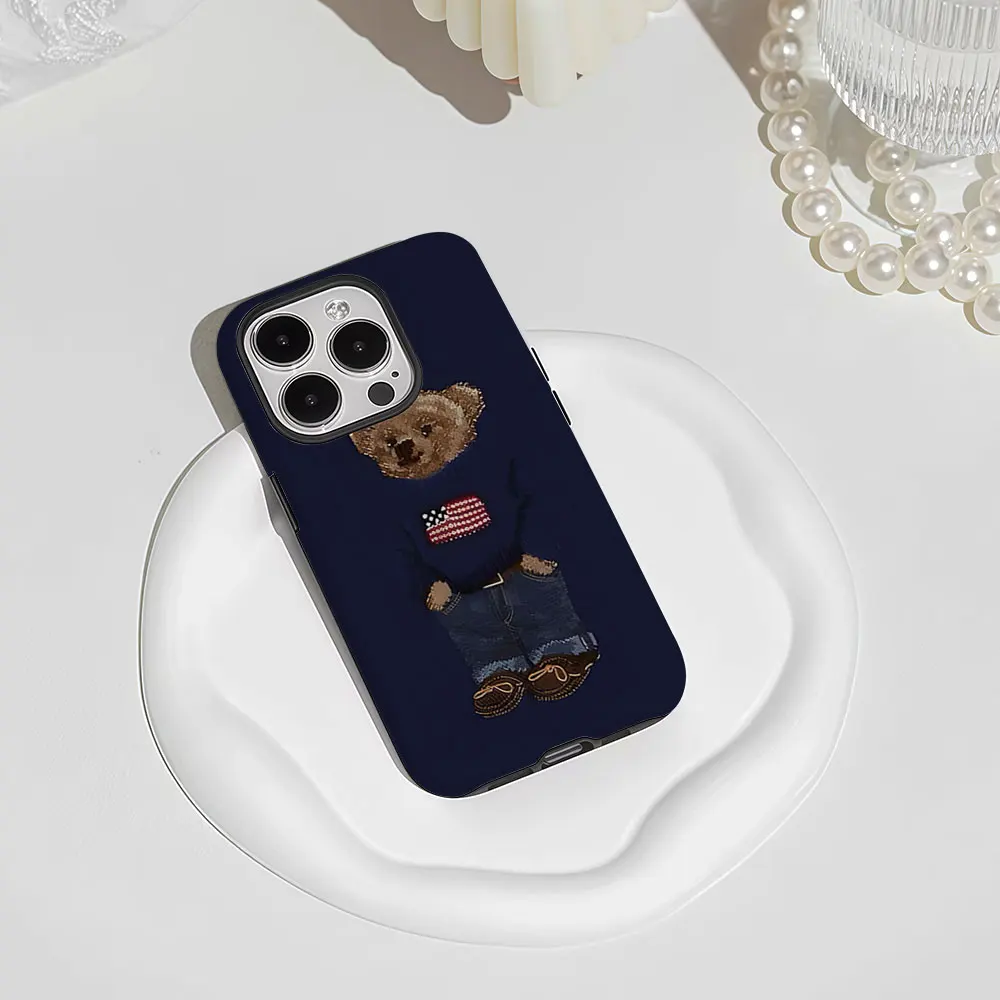 Ralph Lauren Teddy Bear 2-in-1 Phone Case For iPhone 17 16 15 14 13 Pro Max Air 16e INS Flower Hard PC Bumper Cover Coque view 3