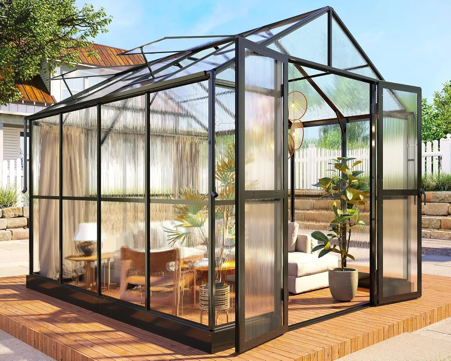 

8x8x7.5 FT Greenhouse - Outdoor Aluminum Polycarbonate Greenhouse with Ventilation and Rain Gutter, Double Swing Doors with Hook