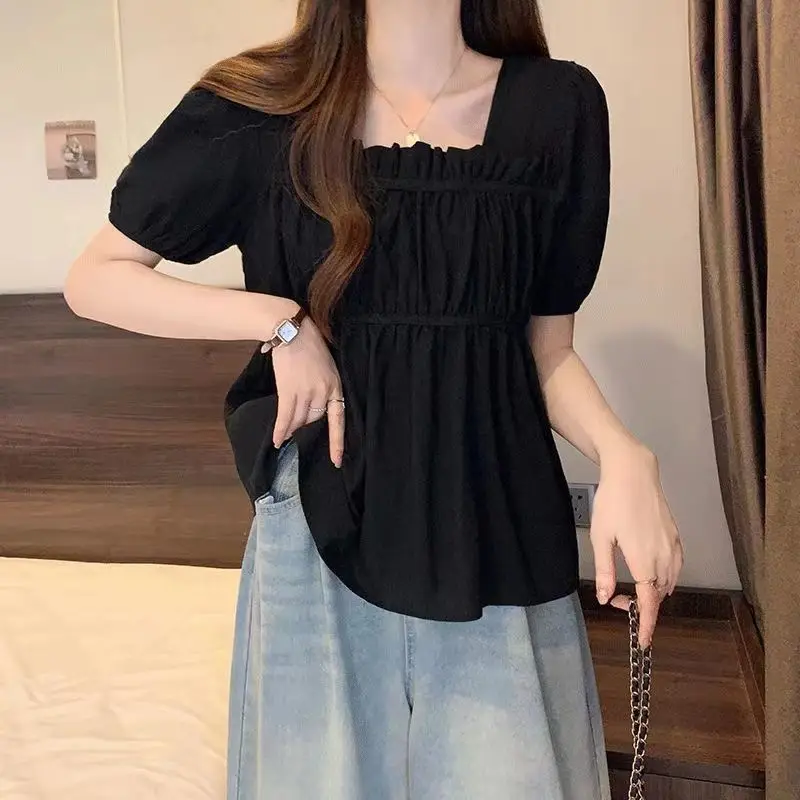 Pleated Loose Black All-match Youth Blouse Summer New Short Sleeve Solid Color Casual Shirt Tops Sweet Fashion Women Clothing