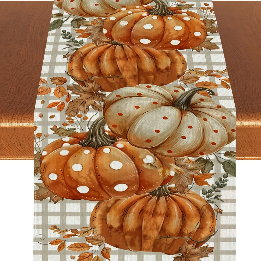 2pcs Light Plaid Background Autumn Foliage Table Runner, Ready Stock Fast Delivery, Vintage Mixed Size Pumpkin Dried Branch Prin