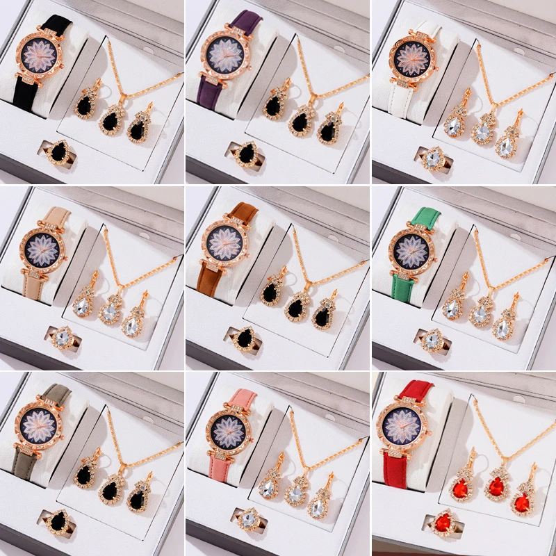 

Women's Watch 5 Piece Deluxe Rhinestone Watch Bracelet Gift Fashion Elegant Necklace Earrings Ring Girls Jewelry Gift Set