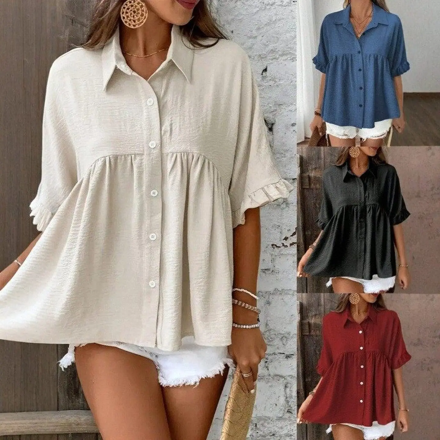 

plus Size Women's Fashion Short Sleeve Shirt Top Ladies Commute Style Loose Fit Collar Button down Regular Thickness