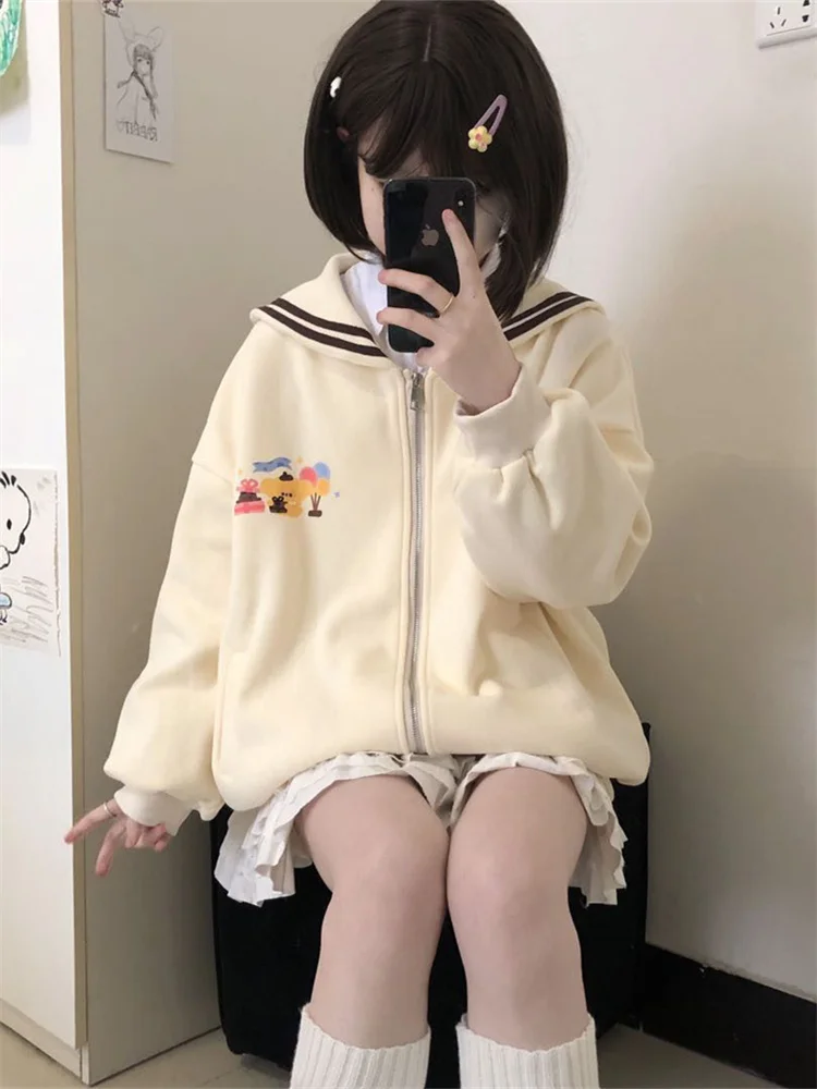 Harajuku Kawaii Zip Up Hoodie Women Sailor Collar Japanese Style Cute Sweatshirts Oversize Lolita Girly Anime Print Jacket