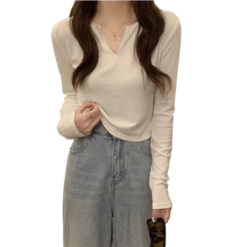 

V-neck Long Sleeved T-shirt For Women's Sutumn 2025 New Korean Version Versatile Basic Tee Simple Student Short Top