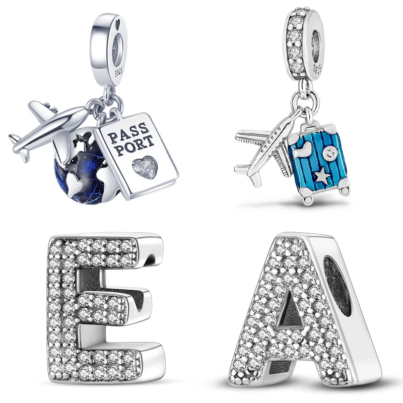 Original 925 Sterling Silver Travel Airplane Earth English Letter Charm Pendants Fit Original Bracelet Fine DIY Birthday Jewelry