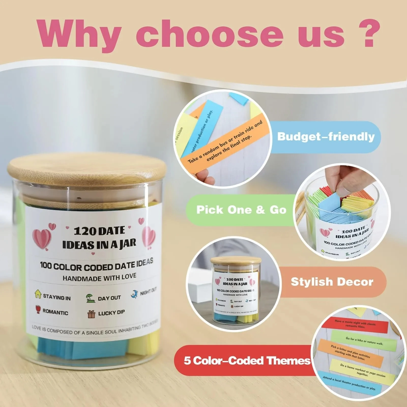 100 Date Ideas In A Jar Color Coded Date Ideas Budget-friendly Date Jar Anniversary Gifts Valentine\'s Day gift for couples