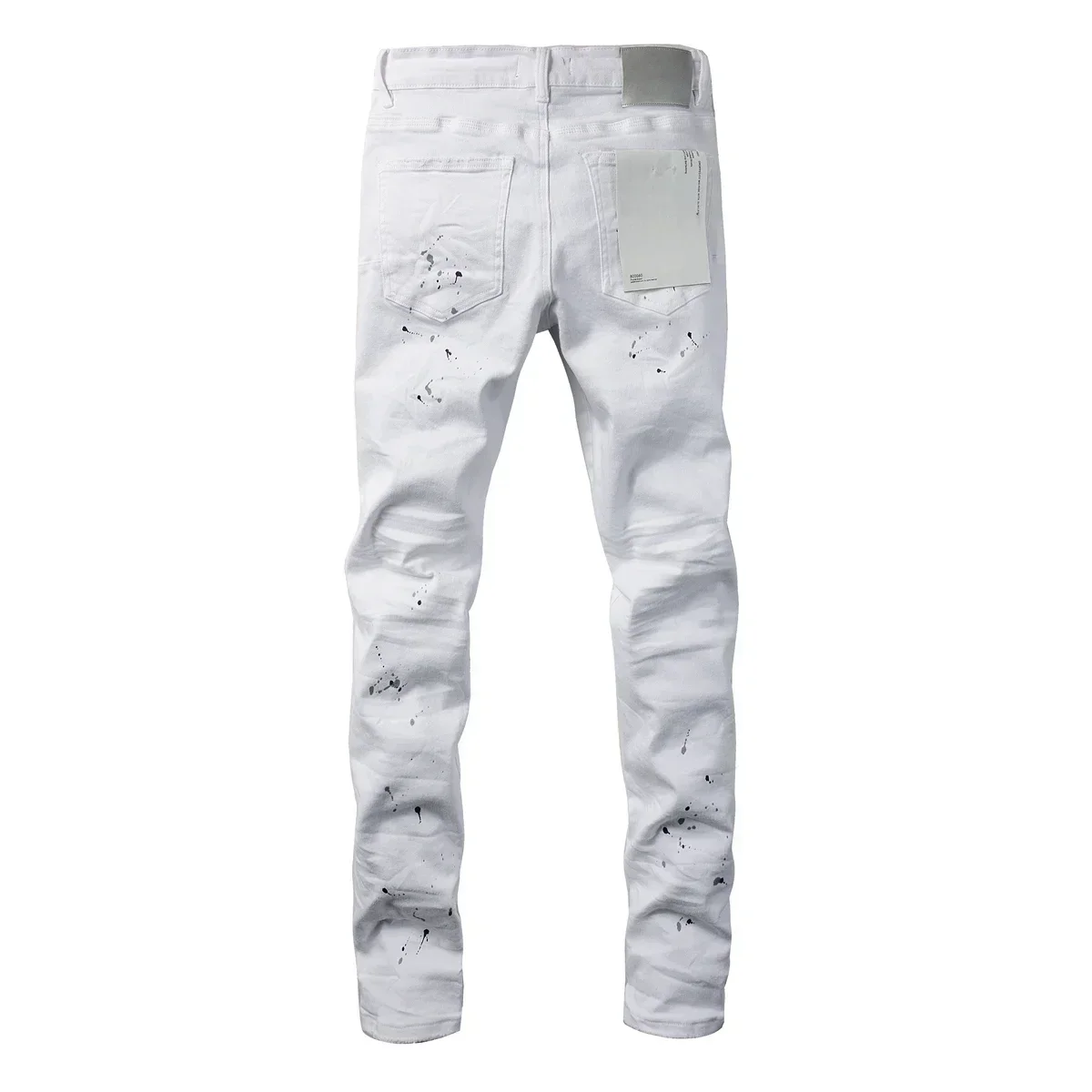 High Street Fashion Men's Low Rise Skinny Jeans White Paint Distressed Repaired Top Quality Denim Brand Pants