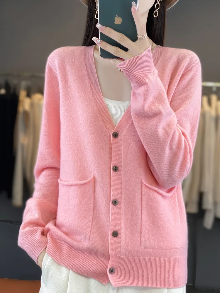 

Chic V-Neck Has pockets Women's Cardigan Single Breasted Solid Color Basic Soft Warm 100% Merino Wool Casual Loose Tops