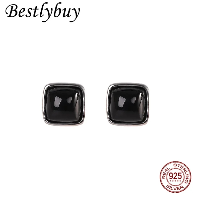 

new S925 Silver Simple Fashion Natural Black Agate Square Earrings Men's and Women's Personalized Jewelry