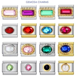 GEMOSA Rectangle Round Ellipse Colorful Zirconia Charms Italian Links 9mm Bracelets Bangle Stainless Steel DIY Making Jewelry