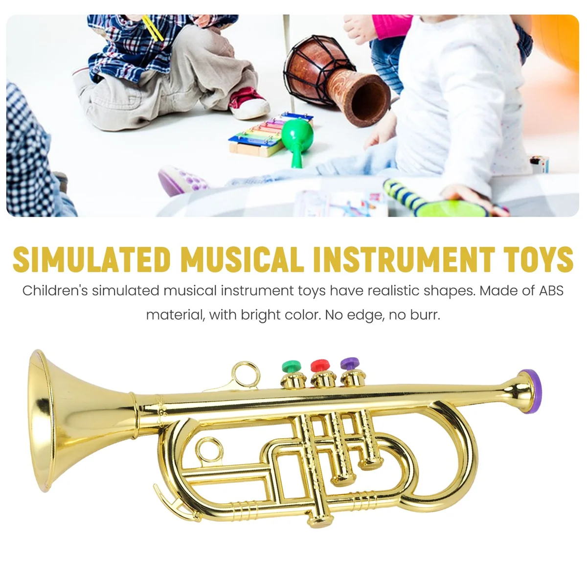 Mini instrumentos de sopro musical para crianças, Trompete de 3 tons, 3 teclas coloridas, Simulação, Birthday Party Toy, Dourado