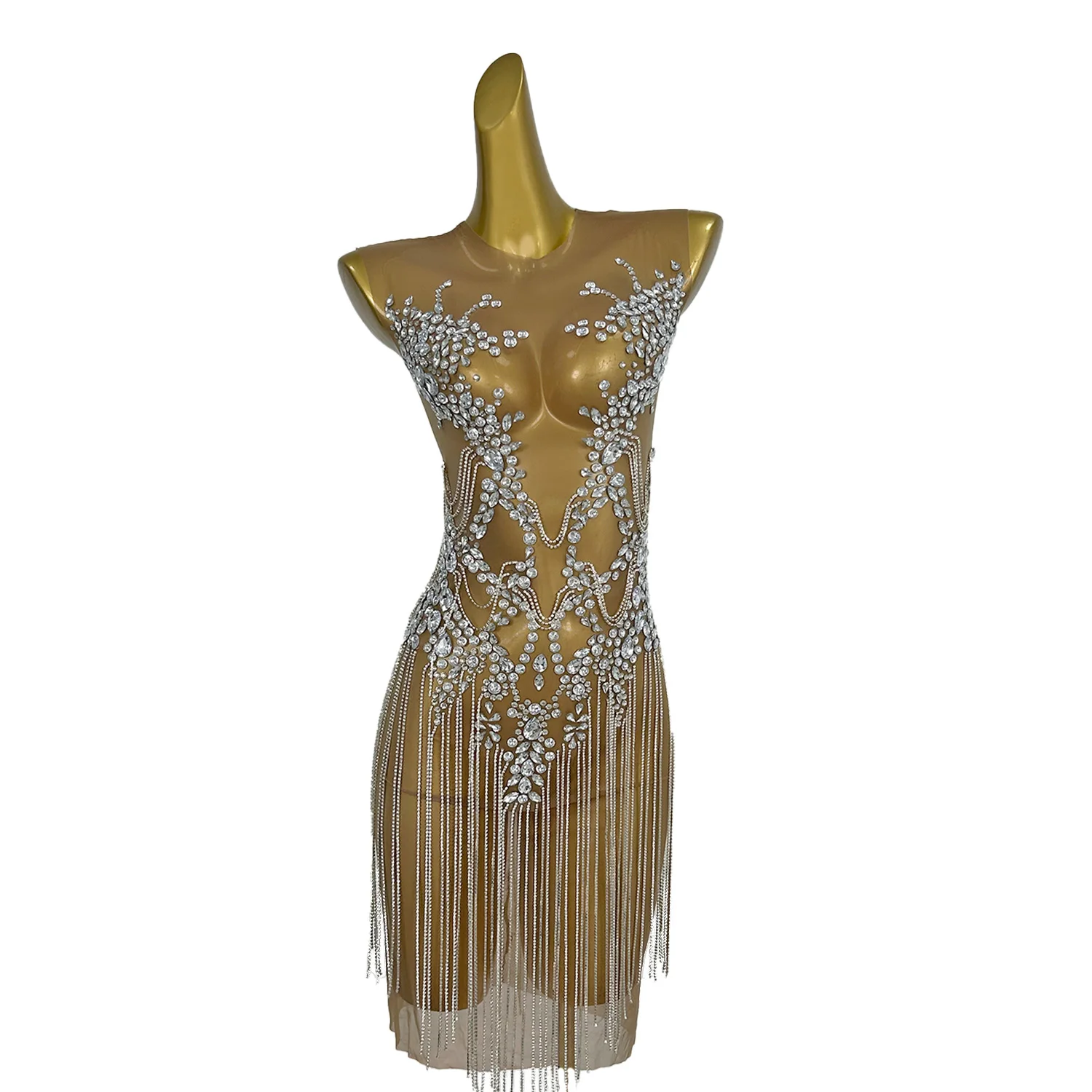 Zuanhua-Robe de Bal à Franges et Strass pour Femme, Tenue Sexy en Maille Transparente pour Spectacle de brevsur Scène