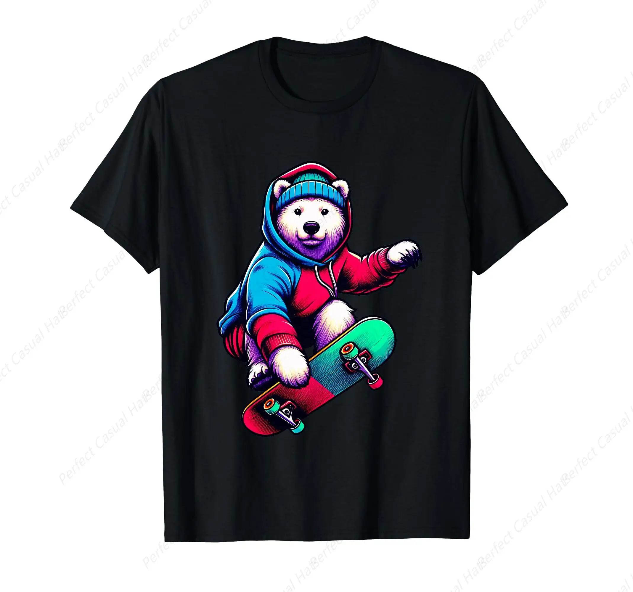 Fashion Funky Polar Bear Skateboarding Illustration Art T-Shirt Cotton Shirt Street-Wear Graphic Tees