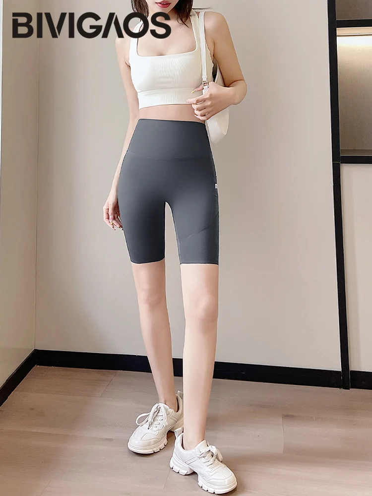 Summer New Side Pocket Shark Shorts Women Biker Shorts High Waist Seamless Sports Running Cycling Shorts Fitness Short Leggings