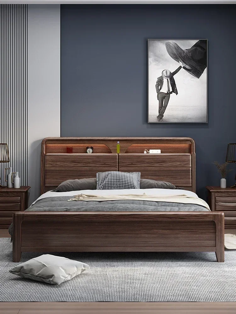 Walnut solid wood bed 1.8m master bedroom double bed Chinese modern simple high box air pressure storage home big bed