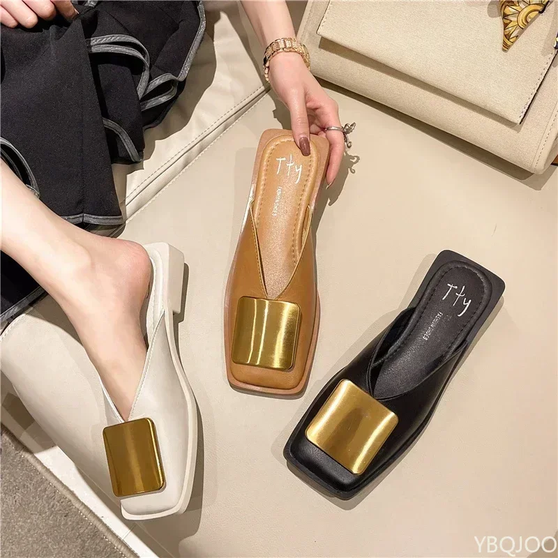 Brand Designer Women Slippers Fashion Metal Buckle Mules Flat Heels Square Toe Shallow Shoes Outdoor Slide Female Casual Sandal image 4