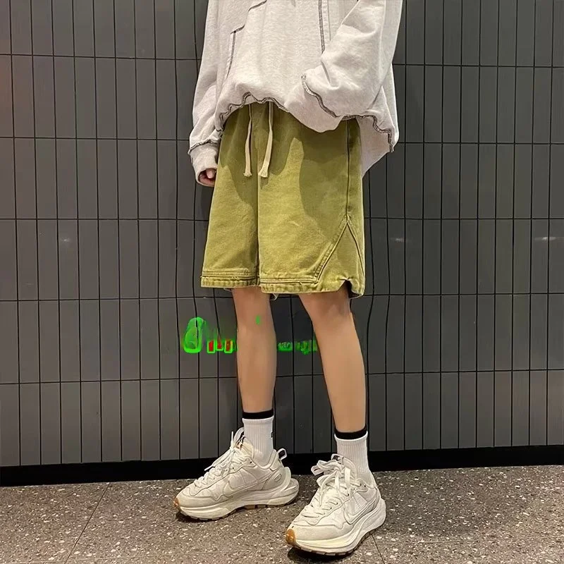 

Мужские летние брюки из чистого хлопка с эластичной резинкой на талии, модные американские брюки в стиле ретро, свободные брюки с пятью точками, повседневные прямые брюки...