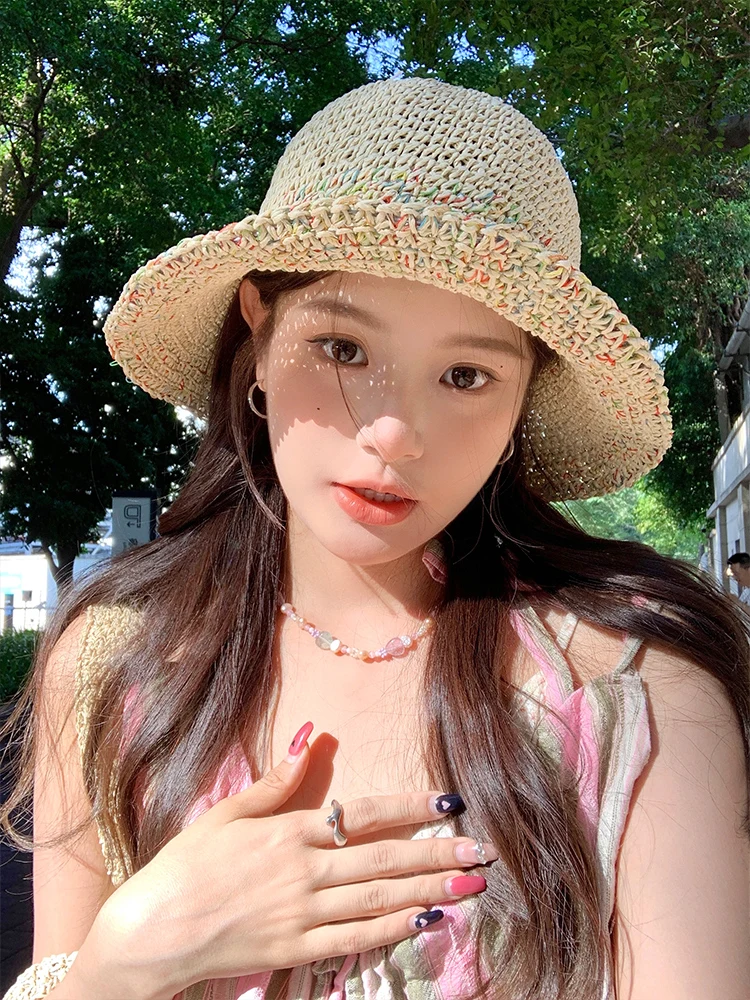 Women's Straw Boater Hat Summer New Style Sun Protection Foldable Wide Brim Beach Anti-UV Hat Casual round Top Cap for Shopping