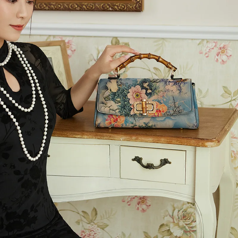 Johnature Cheongsam Leather Handbag 2024 New Vintage Print Women Bag Handmade Elegan Ladies Shoulder & Crossbody Bags