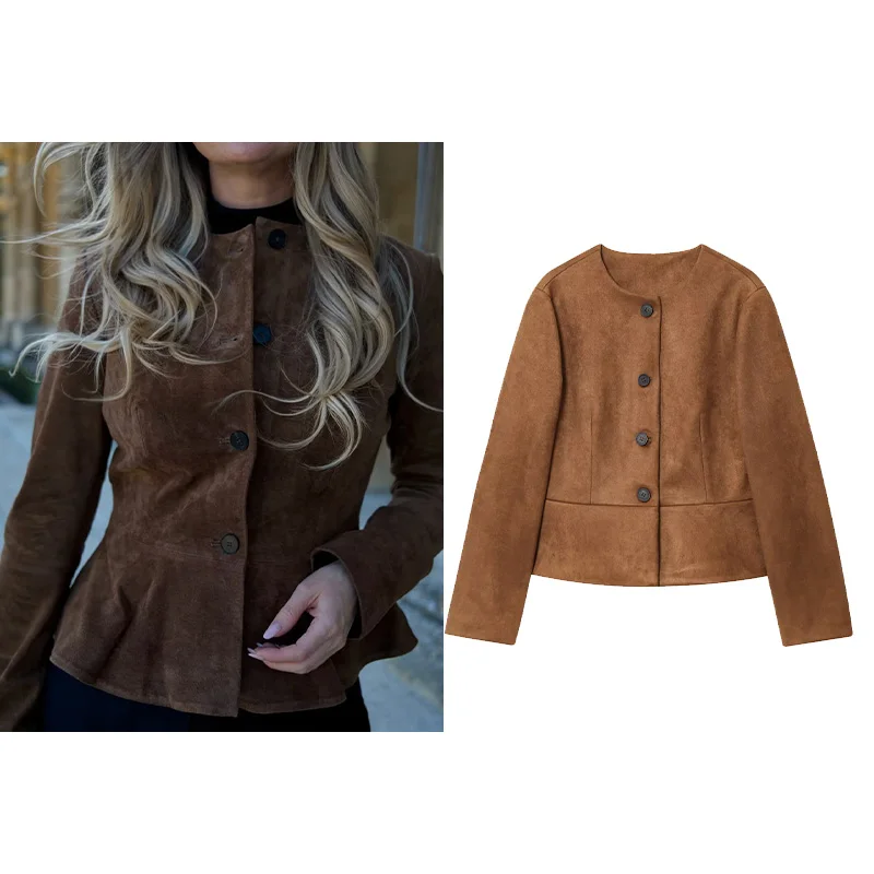 

NERHEFZ Осенняя женская кожаная куртка с расклешенным подолом, куртка на пуговицах с длинными рукавами и круглым вырезом, повседневные женские пальто, женские топы