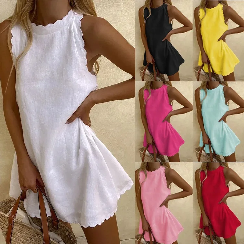 2025 Summer Cotton Linen Mini Dress Women Solid Color Sleeveless Ruffles Dress Casual O-Neck Loose Tank Beach Dresses Sundress