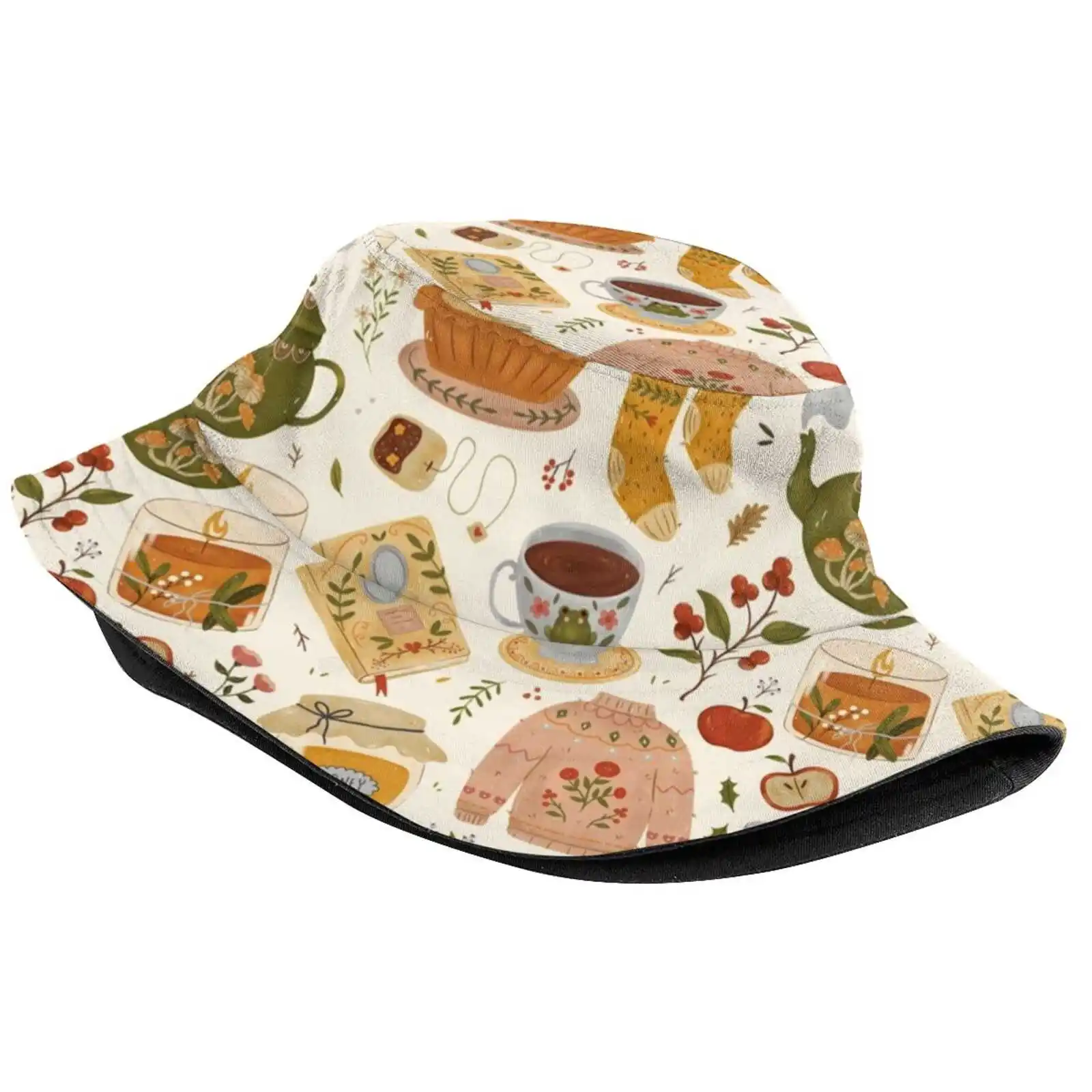 Cozy Cottage Pattern Sun Cap Fisherman Hat Bucket Hats Wintertime Cottagecore Tea Lover Tea Pot Book Lover Comfort Stay Cozy