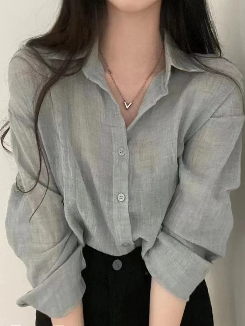 Summer Chic Sun Protection Thin Long Sleeve Shirt Women's Collared Fold Design Casual Straight Cut Pure Color Button up Top