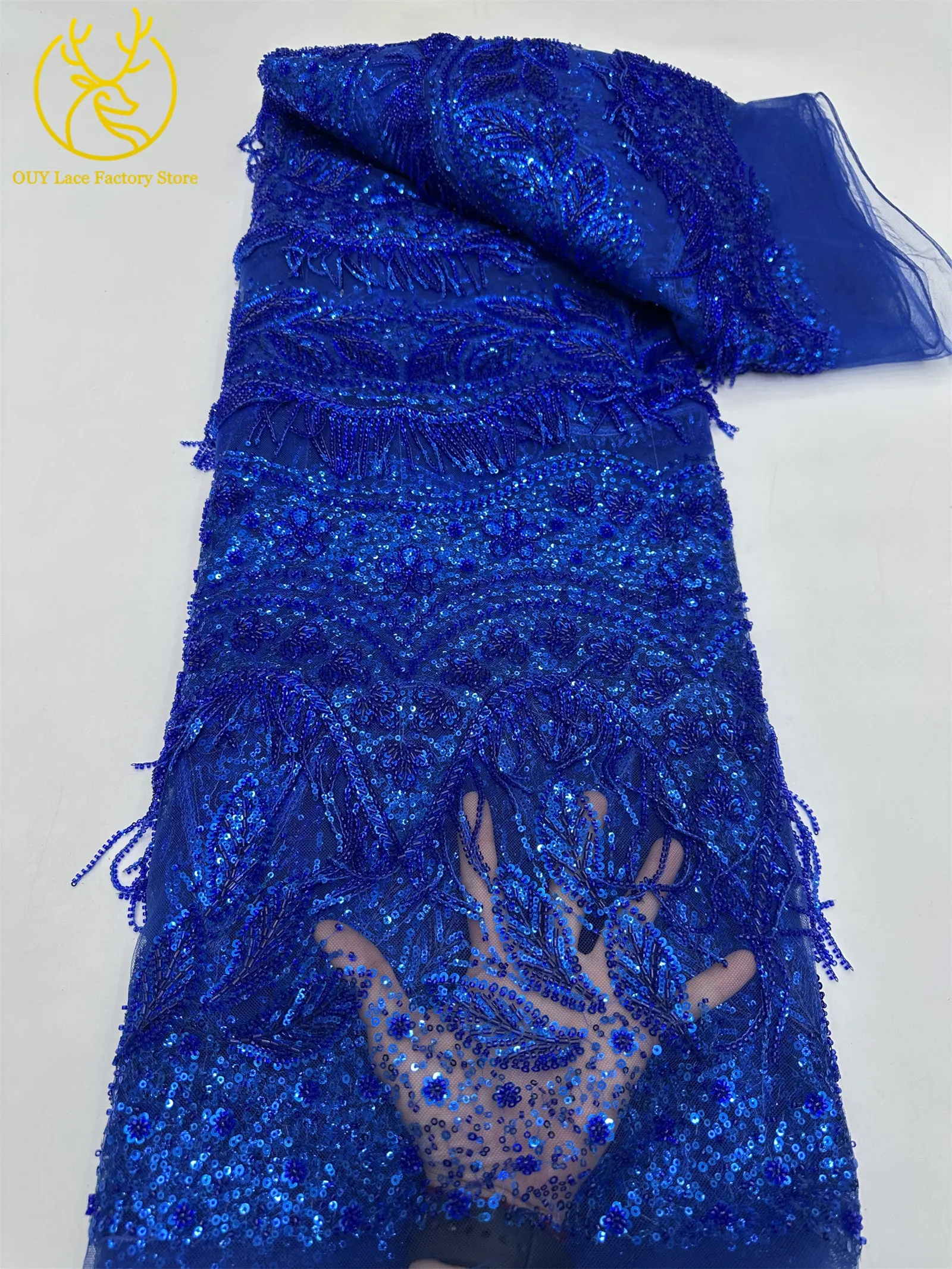 Goldener 3D-Hängeperlen-Spitzenstoff, hochwertiger afrikanischer Spitzenstoff, luxuriöser französischer Tüll mit Pailletten für Hochzeits- und Partykleider – Detail 12