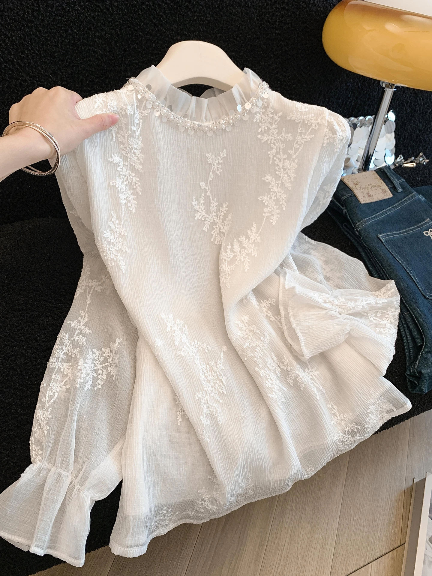 

Элегантная кружевная рубашка с вышивкой, женская модная рубашка на весну и осень, с воротником-стойкой, длинными рукавами-колокол, в корейском стиле