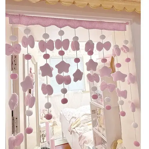 Tenda corta con fiocco rosa carino, divisorio in filo, decorazione per finestra sospesa, tende per porte del dormitorio, tende per porte del bagno, camera da letto delle ragazze