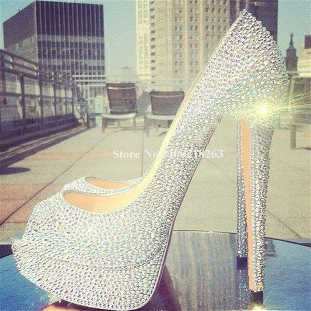 

Bling Bling Rhinestones Thin Heel Pumps Peep Toe Silver Pink Blue Crystals High Platform Stiletto Heel Dress Wedding Shoes