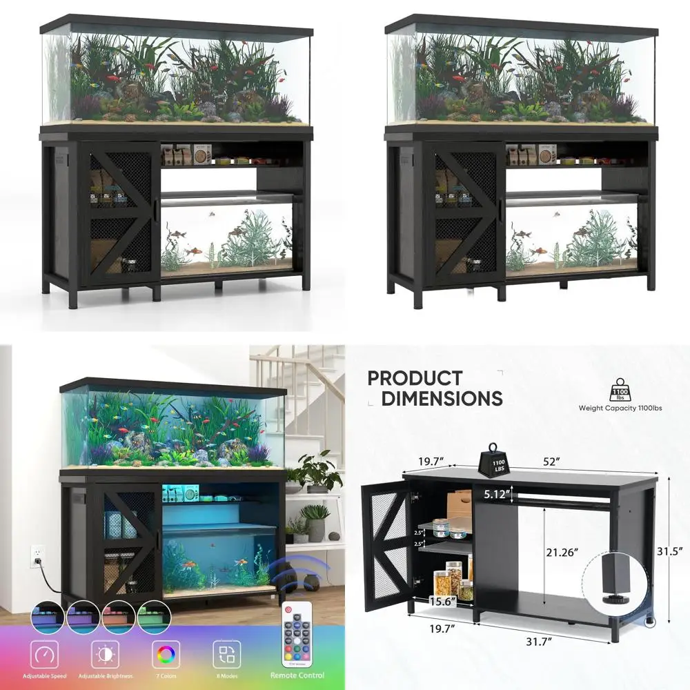 

Стойка для аквариума из прочной стали на 55-75 галлонов с отсеком для хранения, розетками, LED-подсветкой, столешницей 52x19.7 дюймов, выдерживает нагрузку до 1100 фунтов (черная)