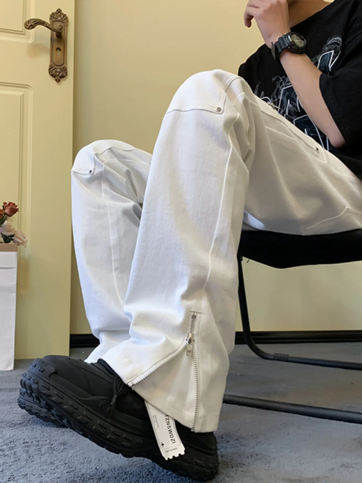 

Мужские рабочие брюки American High Street с длинной молнией, весенние, модные, прямые, расклешенные, для высоких мужчин